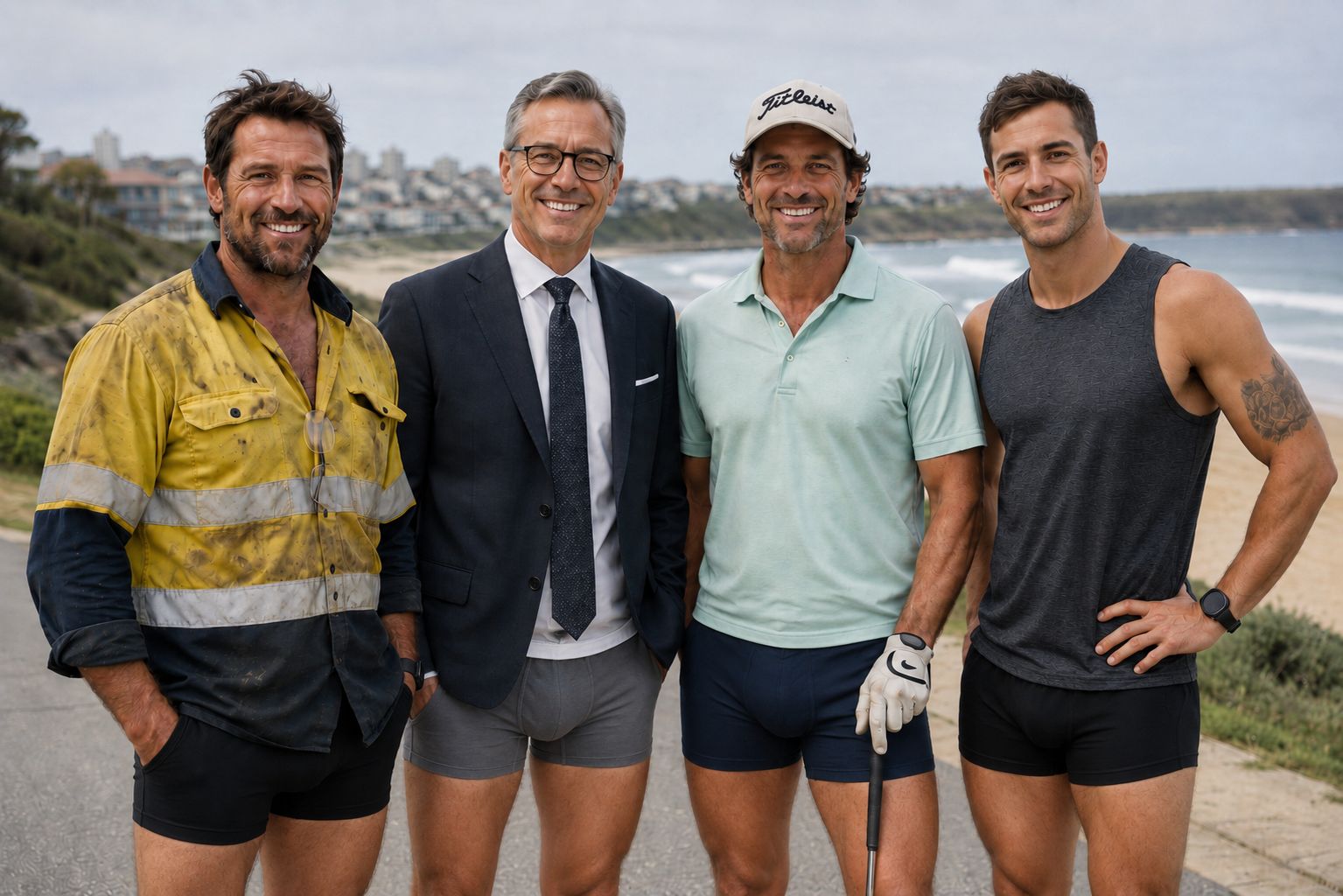 Supporting Australian Mens health, four men standing on a beach in their seal underwear with protection downunder